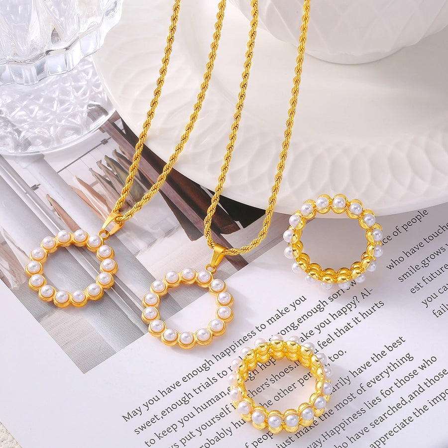 Jewelry Elegant Round 304 Stainless Steel Artificial Pearls 18K Gold Plated Plating Inlay Rings Necklace