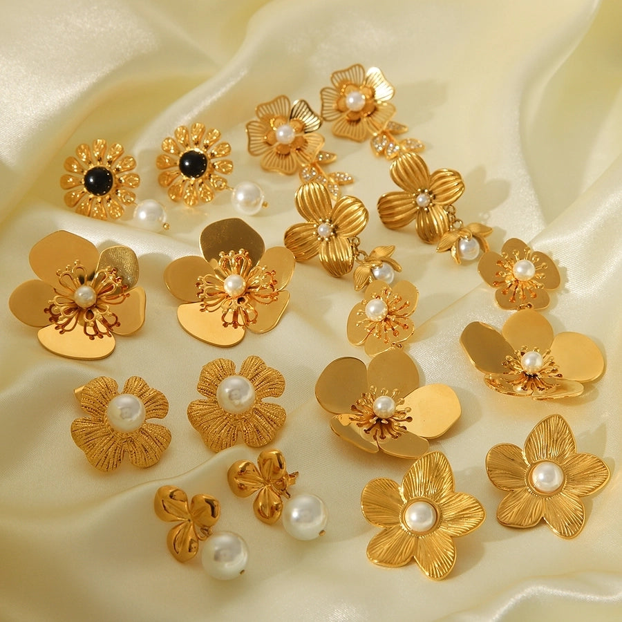 1 Piece IG Style Flower Plating Inlay 304 Stainless Steel Natural Stone Pearl 18K Gold Plated Drop Earrings Ear Studs