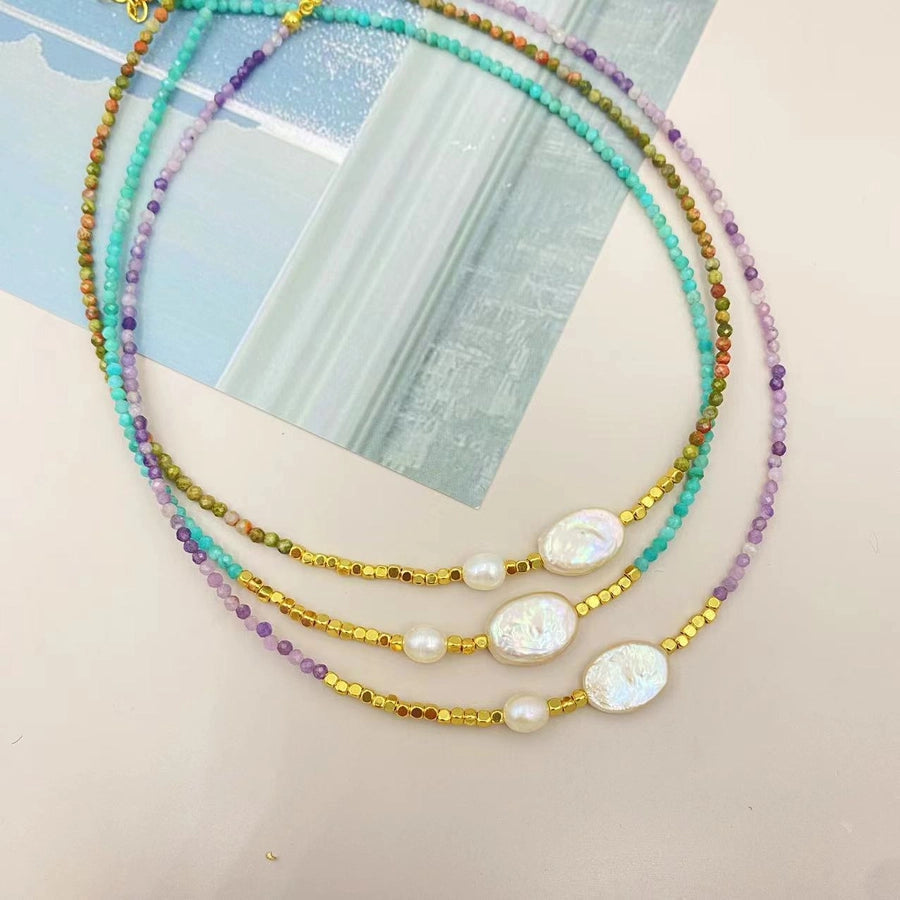 IG Style Geometric natural stone Pearl black gallstone Beaded Chain Necklace In Bulk