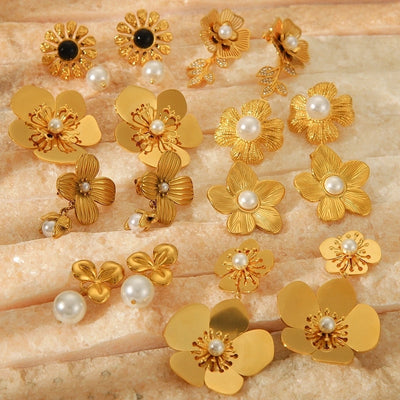1 Piece IG Style Flower Plating Inlay 304 Stainless Steel Natural Stone Pearl 18K Gold Plated Drop Earrings Ear Studs