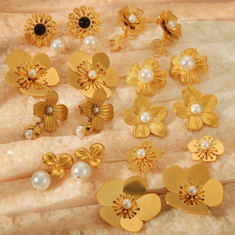 1 Piece IG Style Flower Plating Inlay 304 Stainless Steel Natural Stone Pearl 18K Gold Plated Drop Earrings Ear Studs