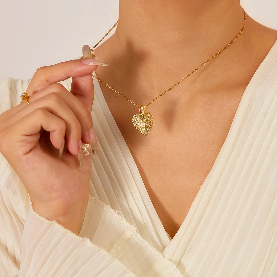 Jewelry Casual Elegant Heart Shape Wings 304 Stainless Steel Copper Zircon Pendant Necklace
