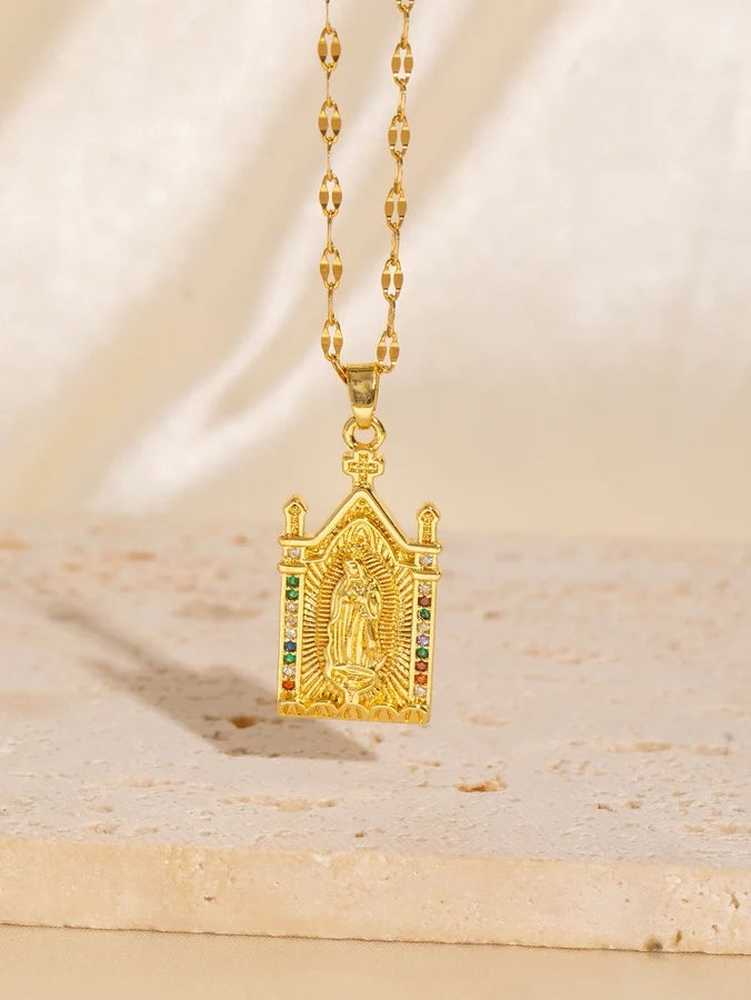 Copper Plating Virgin Mary Zircon Pendant Necklace