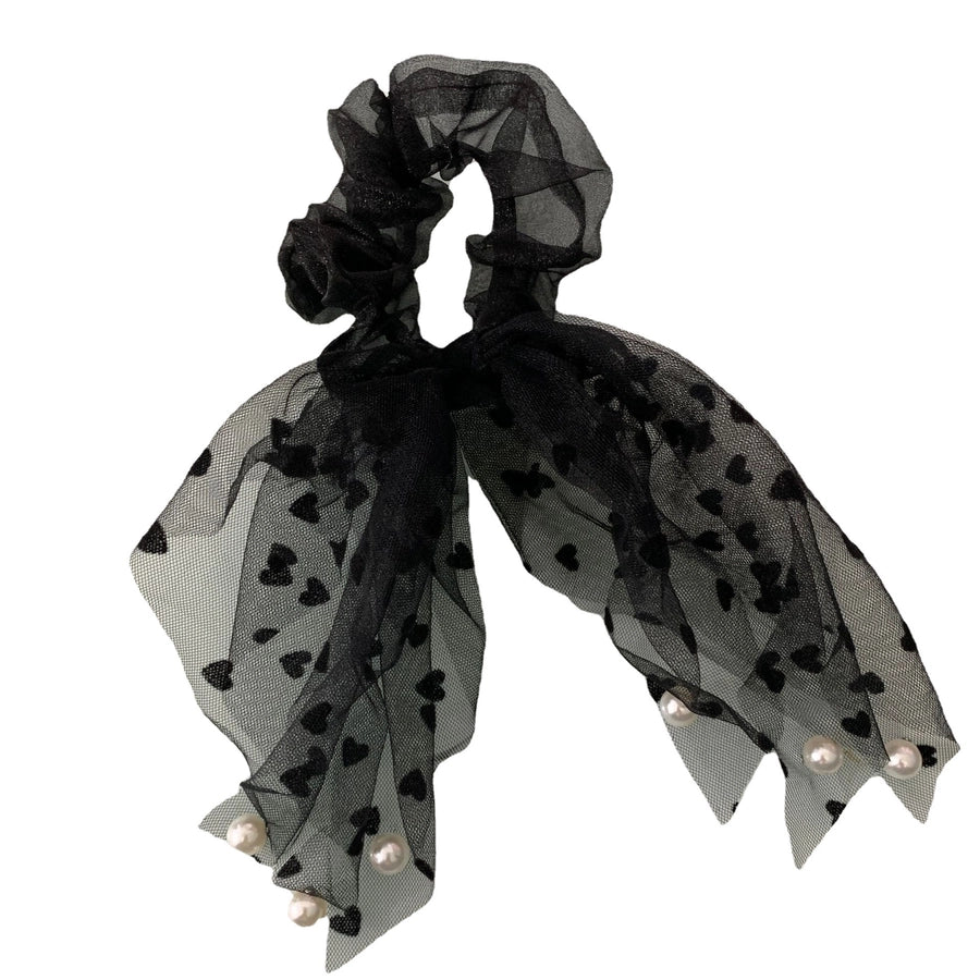 casual heart shape gauze tassel pearl hair tie