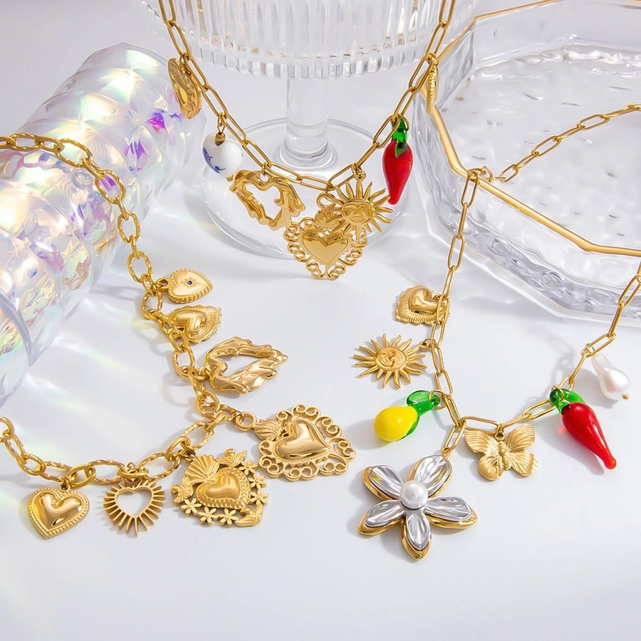 Jewelry Elegant Classic Style Streetwear Heart Shape 304 Stainless Steel Plating Multi Charms Necklace