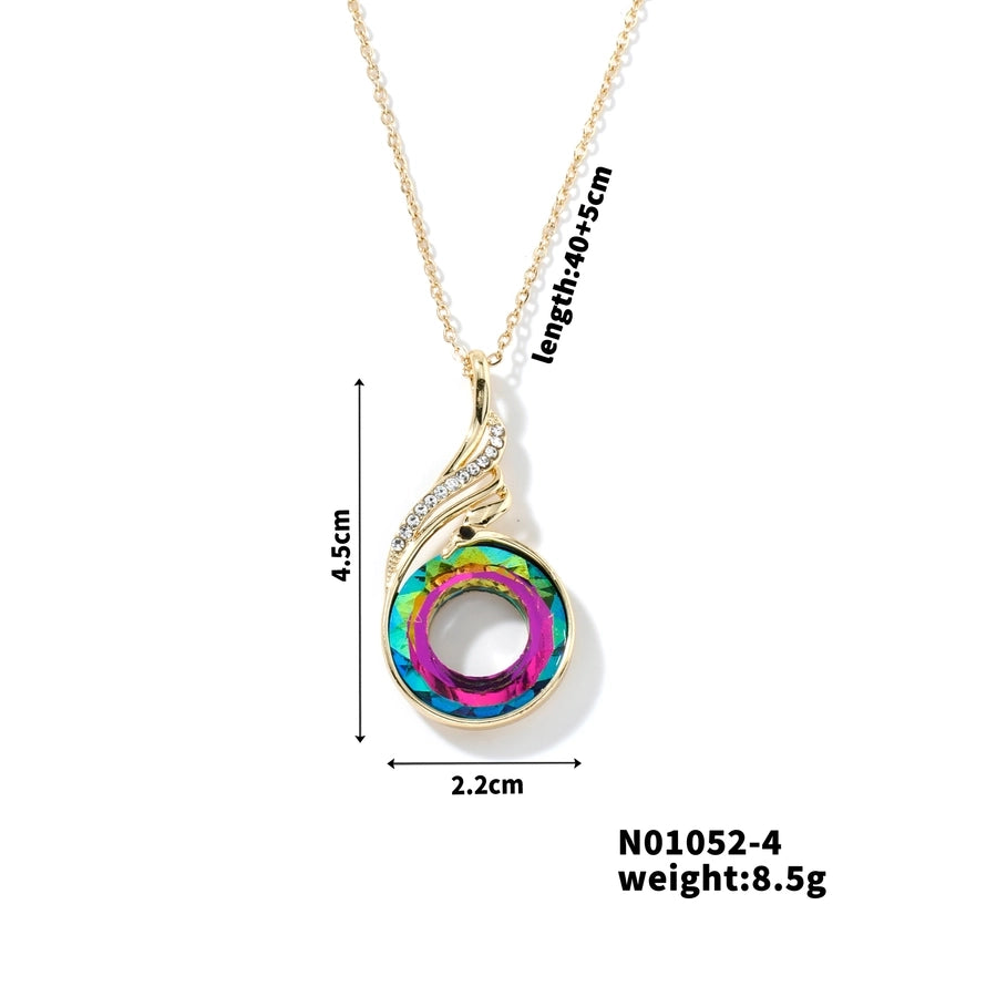 304 Stainless Steel Copper K Gold Plated Inlay Phoenix Round Crystal Zircon Pendant Necklace