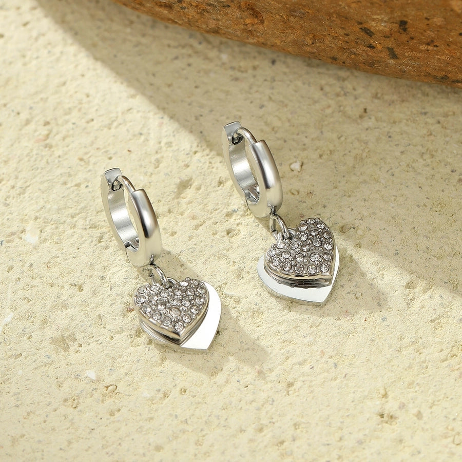1 Pair Sweet Heart Shape Plating Inlay 304 Stainless Steel Zircon 18K Gold Plated Drop Earrings