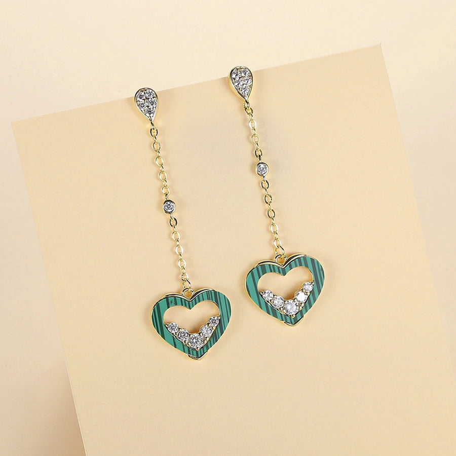 1 Pair Lady Sweet Classic Style Heart Shape Tassel Hollow Out Inlay Copper Alloy Malachite Zircon K Gold Plated Drop Earrings
