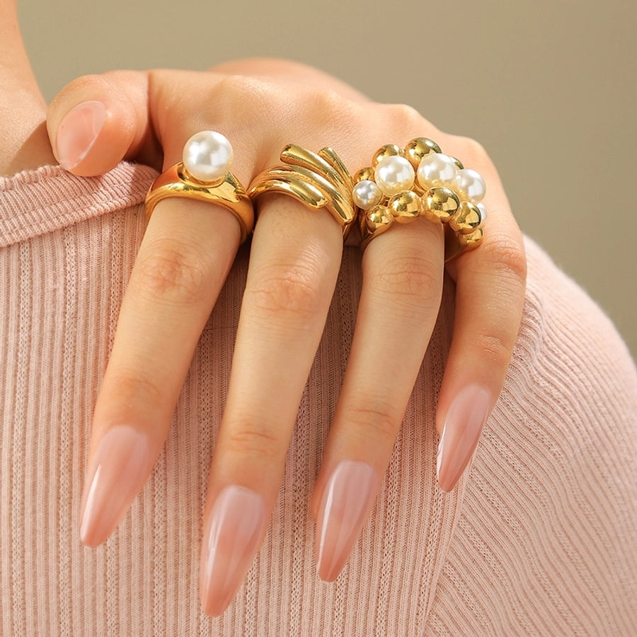 Jewelry Simple Style Classic Style Commute Geometric 304 Stainless Steel Pearl 14K Gold Plated Inlay Rings