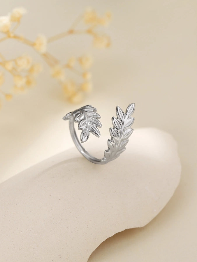 Jewelry Elegant Leaves Feather 304 Stainless Steel Open Rings