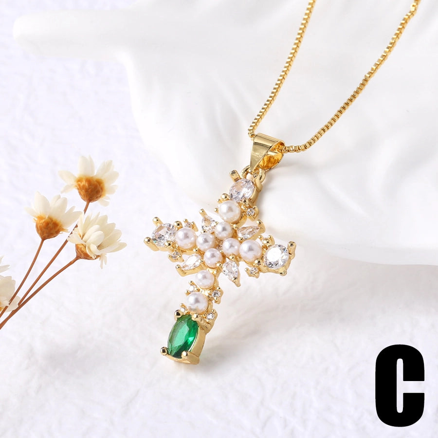 Jewelry Modern Style Simple Style Cross 201 Stainless Steel Copper Pearl Zircon 18K Gold Plated Inlay Pendant Necklace