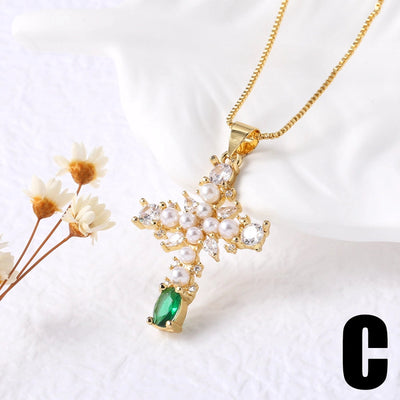 Jewelry Modern Style Simple Style Cross 201 Stainless Steel Copper Pearl Zircon 18K Gold Plated Inlay Pendant Necklace