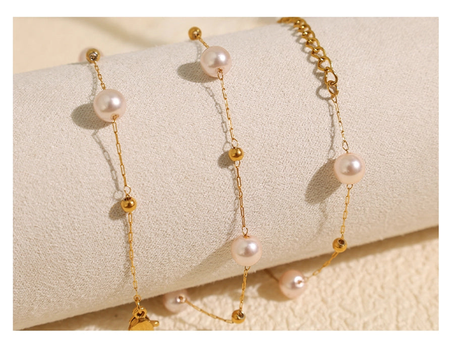 Jewelry IG Style Elegant French Style Round 304 Stainless Steel Artificial Pearls 18K Gold Plated Beaded Polishing Necklace