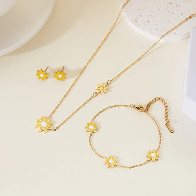Premium Little Daisy Flower Bracelet Necklace Ear Stud Three-Piece Set Sweet Personality Niche Stainless Steel Ornament