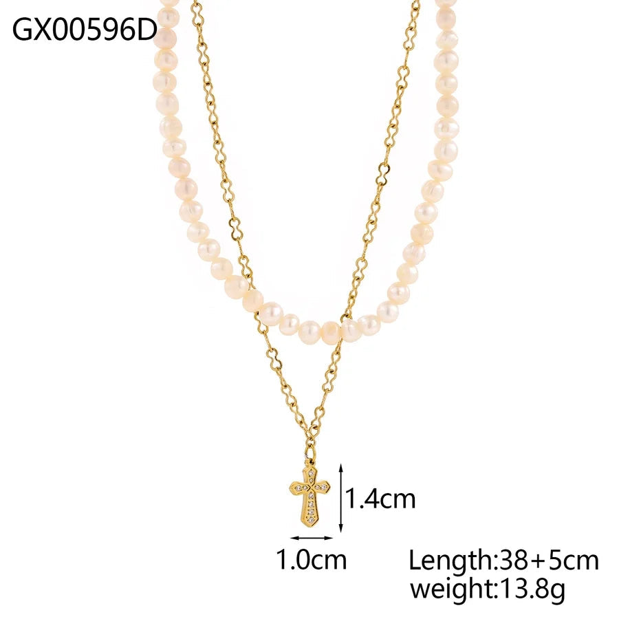 Jewelry Casual Elegant Cross Heart Shape 304 Stainless Steel Shell 18K Gold Plated Pendant Necklace