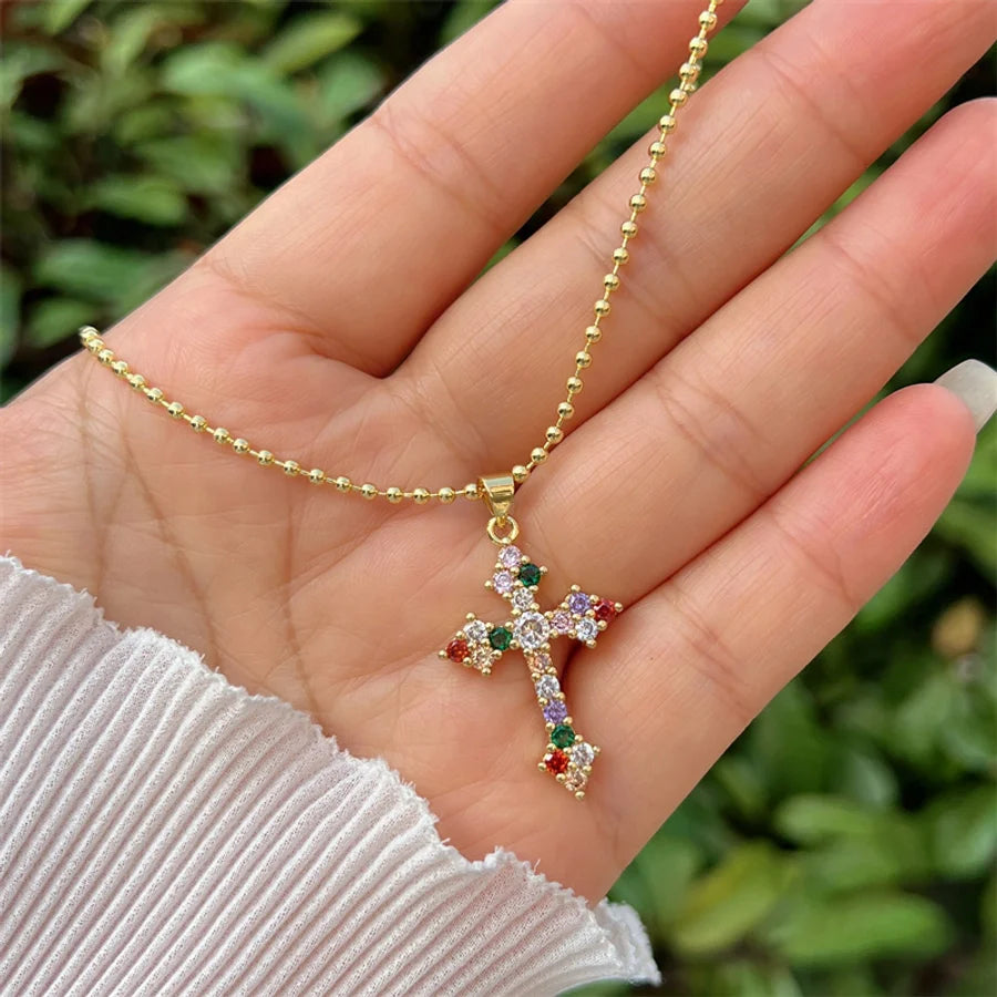 Jewelry Simple Style Classic Style Cross Virgin Mary Copper Zircon 18K Gold Plated Bracelets Necklace Jewelry Set