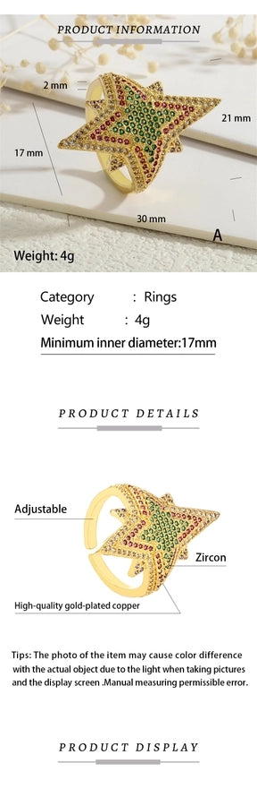 Copper Inlay Hexagram Star Zircon Open Rings