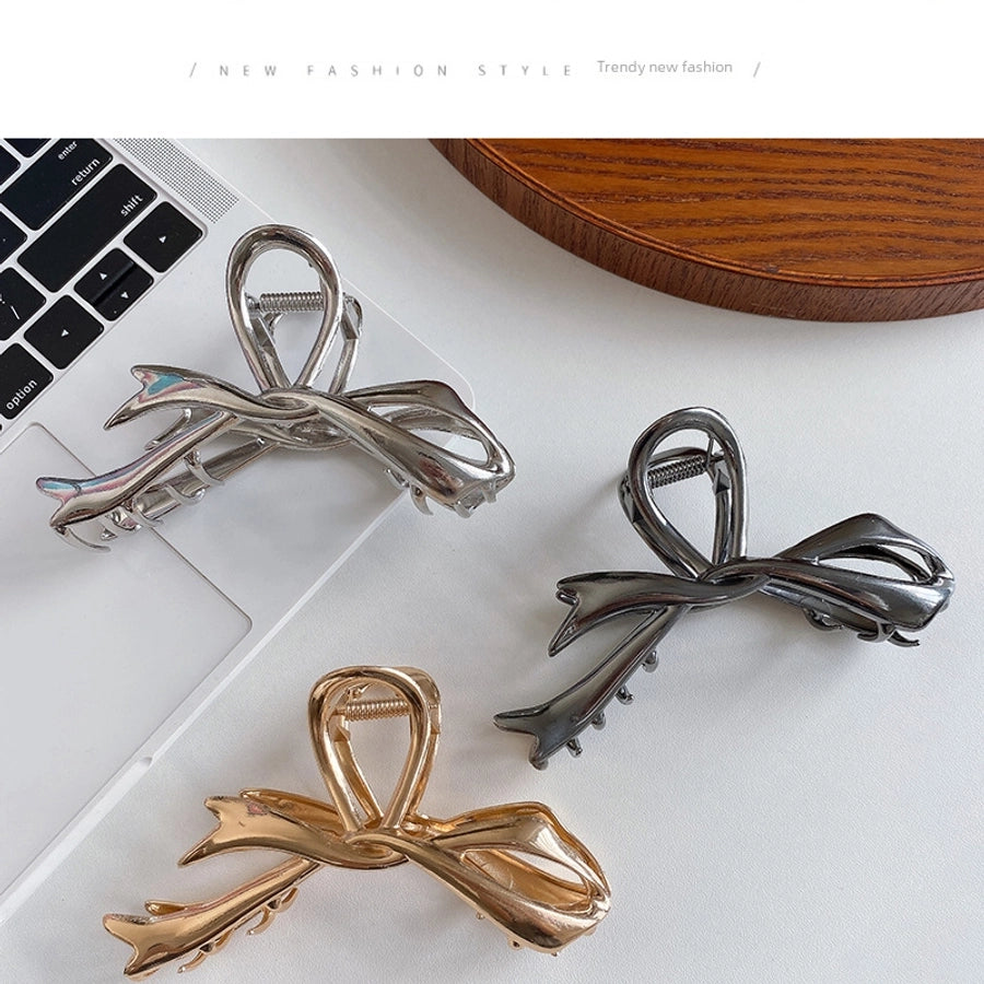 Ribbon bow hairpin for women  new back head clip shark clip high-end silver metal clip hairpin