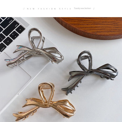 Ribbon bow hairpin for women  new back head clip shark clip high-end silver metal clip hairpin