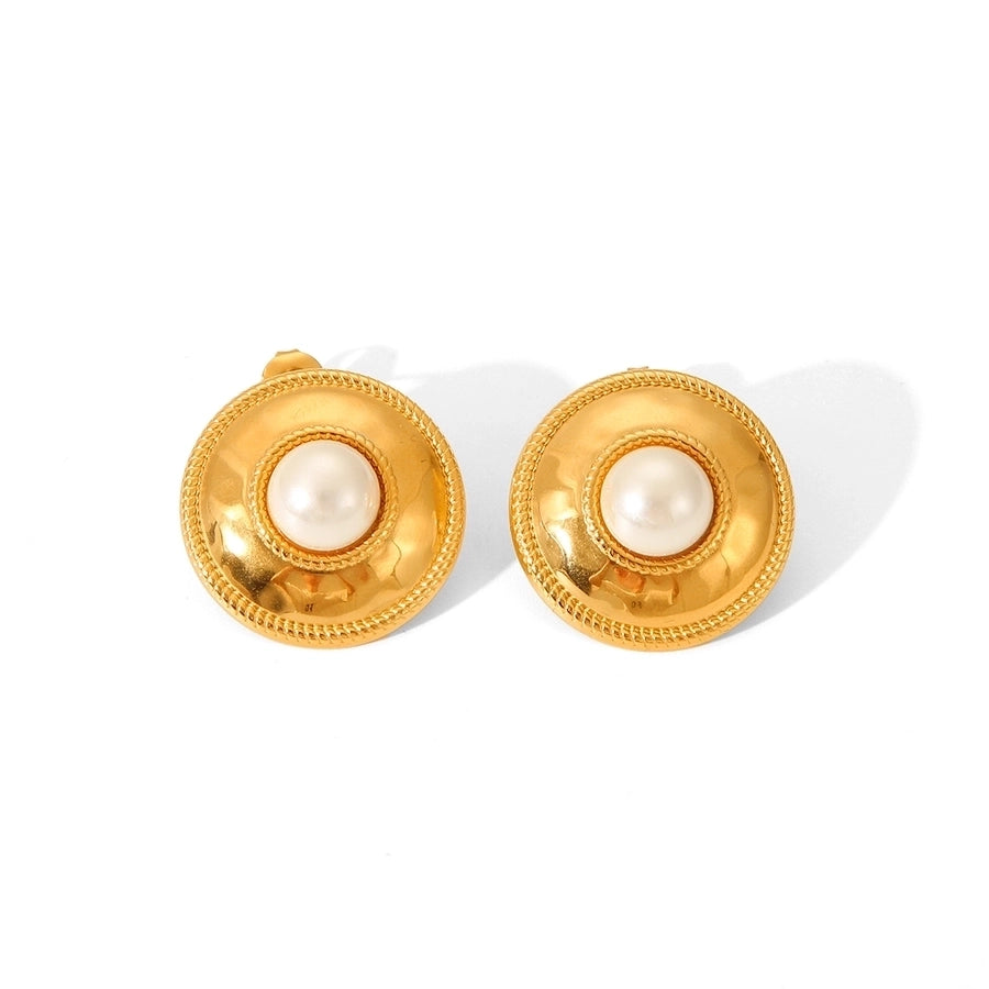 1 Pair IG Style Round Plating Inlay 304 Stainless Steel Pearl 18K Gold Plated Ear Studs