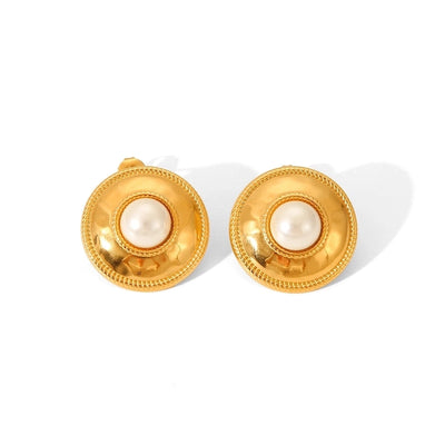 1 Pair IG Style Round Plating Inlay 304 Stainless Steel Pearl 18K Gold Plated Ear Studs