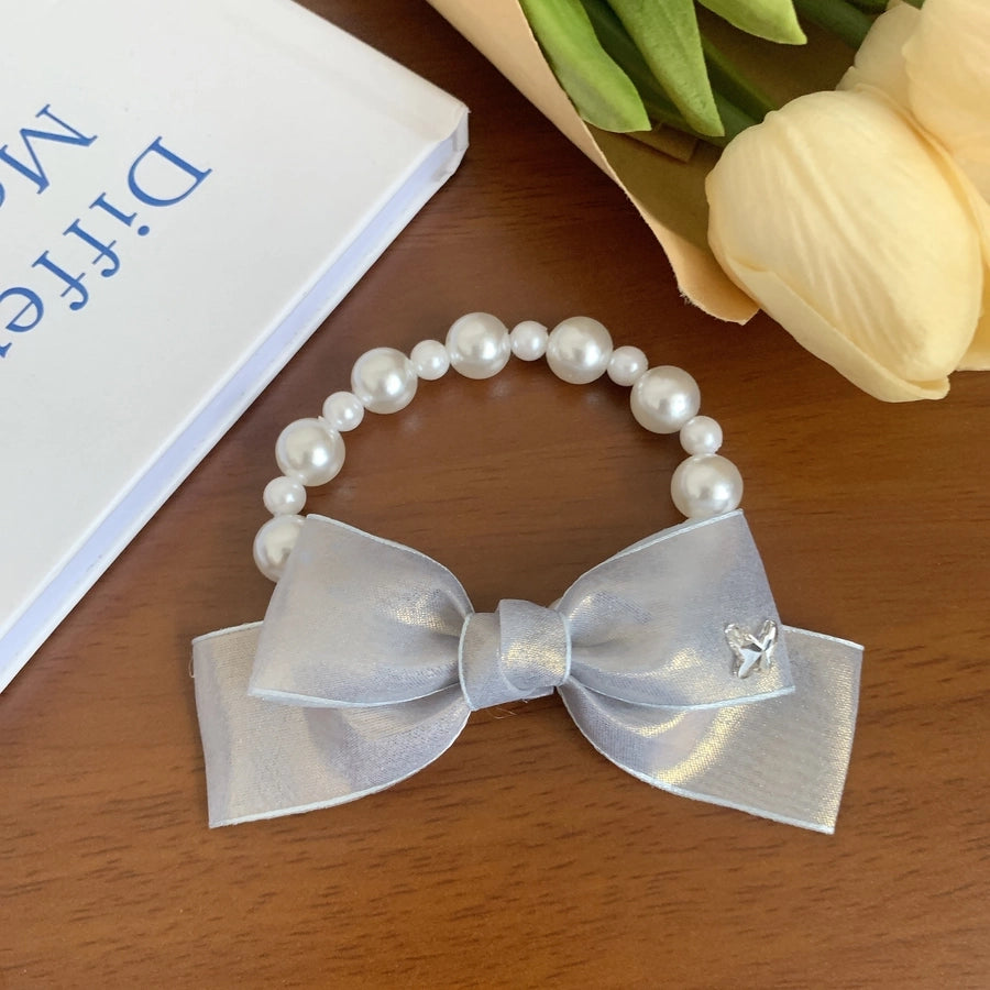 Women's Korean Style IG Style Bow Knot Imitation Pearl Gauze Beaded Hair Tie