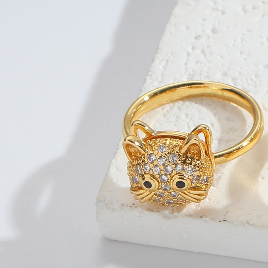 Jewelry Casual Cute Cat Flower Copper Zircon 14K Gold Plated Rings