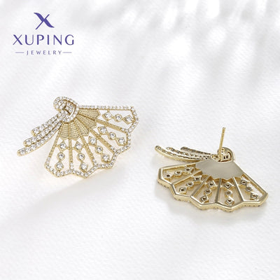 1 Pair XUPING Sweet Artistic Sector Plating Copper Artificial Gemstones 18K Gold Plated Ear Studs