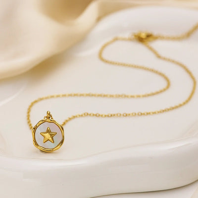 Jewelry Vintage Style French Style Pentagram Round 304 Stainless Steel Shell 18K Gold Plated Inlay Pendant Necklace