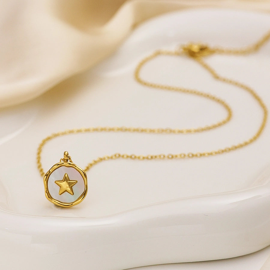 Jewelry Vintage Style French Style Pentagram Round 304 Stainless Steel Shell 18K Gold Plated Inlay Pendant Necklace