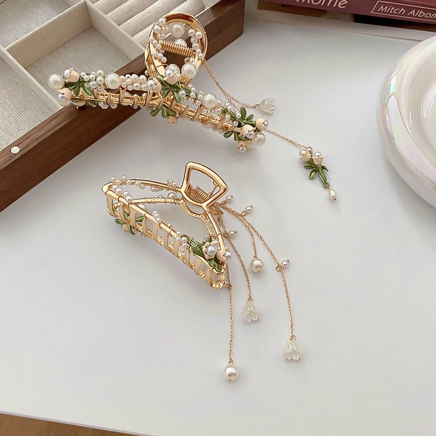 sweet flower alloy tassel artificial pearls hair claws