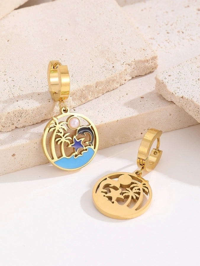 1 Pair Hawaiian IG Style Tree Ocean Painted Hollow Out Inlay Titanium Steel Artificial Pearls Turquoise 18K Gold Plated Drop Earrings