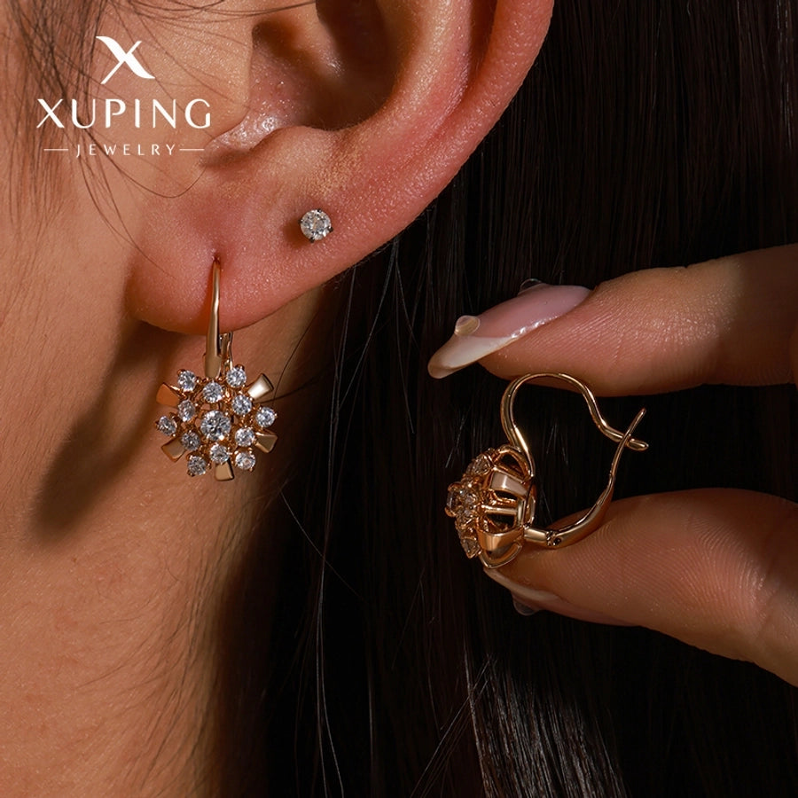 1 Pair Lady Sweet Flower Plating Copper Artificial Gemstones 18K Gold Plated Earrings