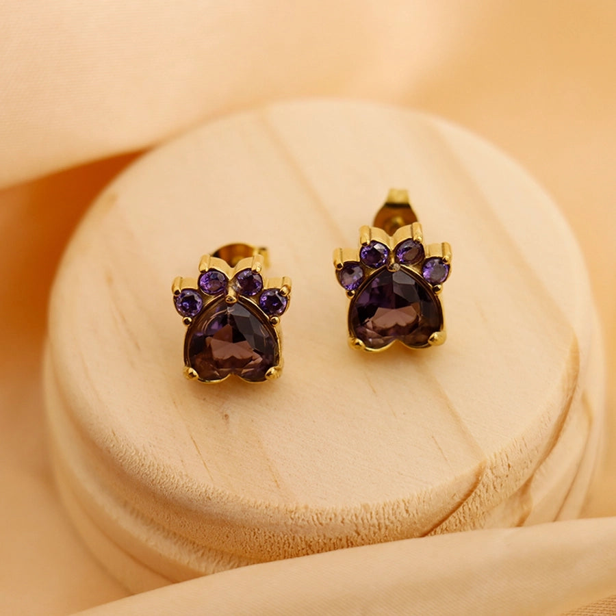 1 Pair Vintage Style Classic Style Paw Print Heart Shape Plating Titanium Steel Zircon 18K Gold Plated Ear Studs