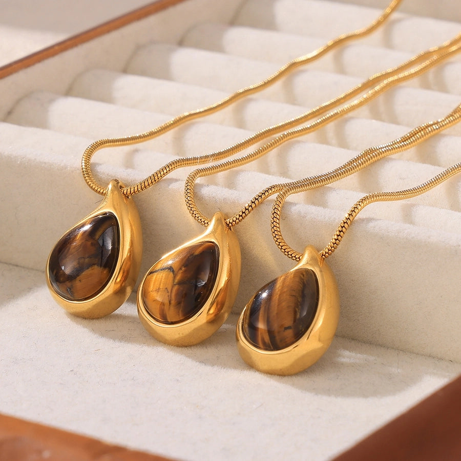 Jewelry Retro Classic Style Water Droplets 304 Stainless Steel Tiger Eye 18K Gold Plated Plating Inlay Pendant Necklace Necklace