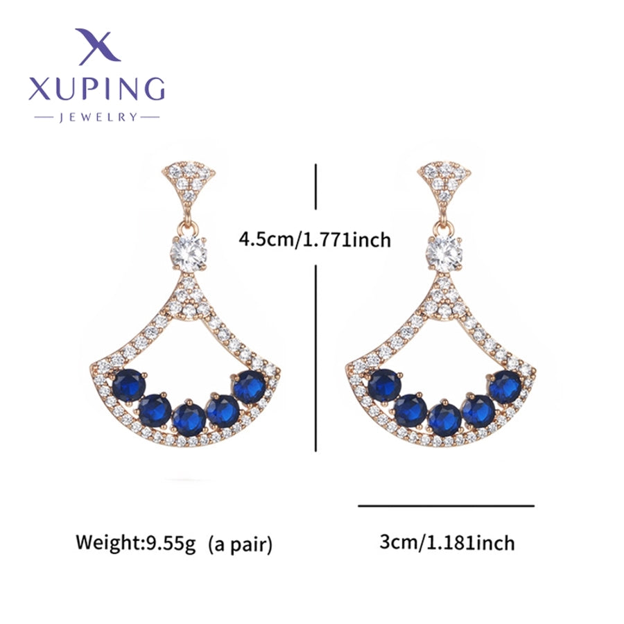 1 Pair Glam XUPING Shiny Sector Hollow Out Inlay Copper Artificial Gemstones 18K Gold Plated Drop Earrings