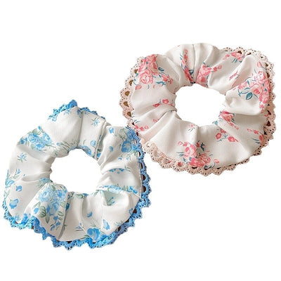 Women's Japanese Style Sweet Pastoral Flower Cloth Rib-Knit Lace Hair Tie