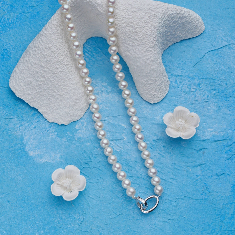 925 Sterling Silver Beaded Chain Beaded Metal Button Round Freshwater Pearl Necklace