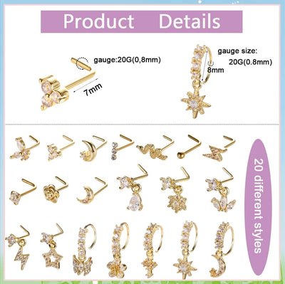1 Set Nose Rings & Studs Y2K Shiny Star Butterfly Lightning 201 Stainless Steel Copper Inlay Zircon Nose Rings & Studs
