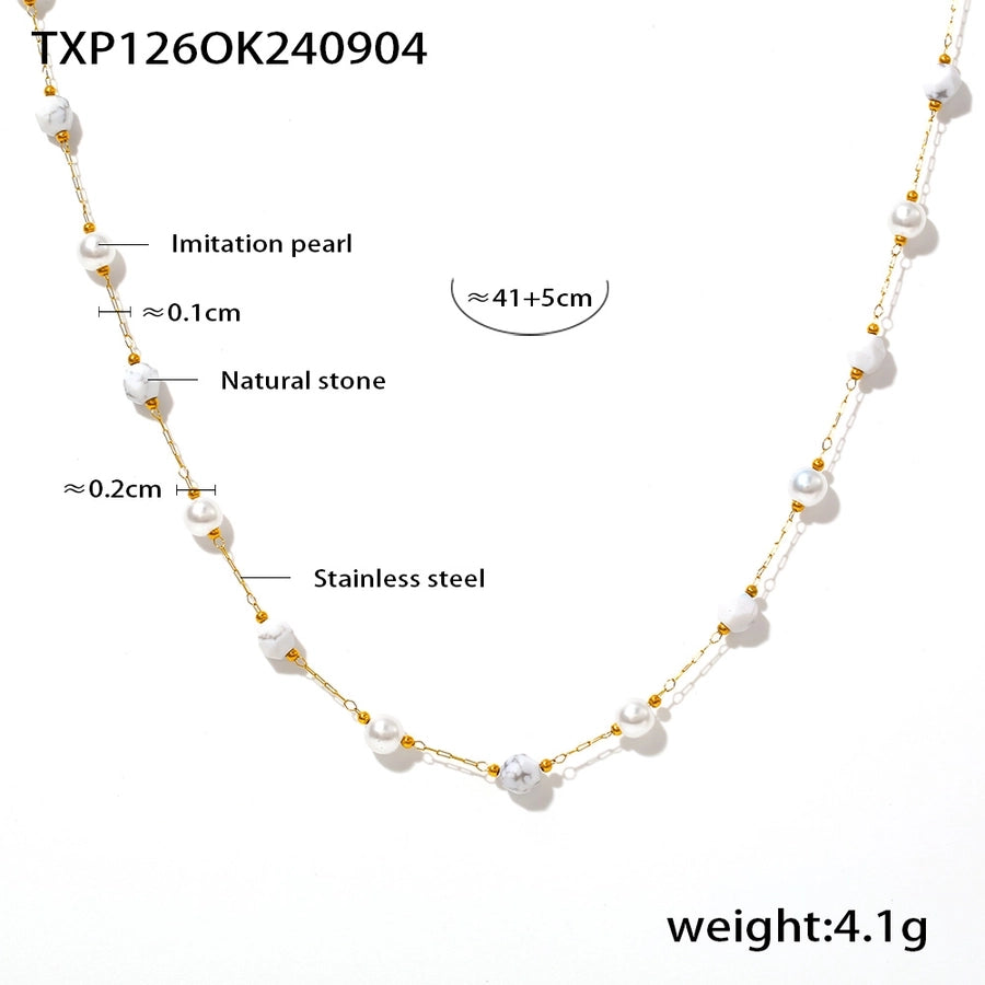 Europe and America  Natural Stone Imitation Pearl Clavicle Necklace Temperamental Bracelet  Style Niche Stainless Steel Jewelry Set