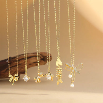 ABS Copper 14K Gold Plated Inlay Star Bow Knot Fish Bone Zircon Pendant Necklace