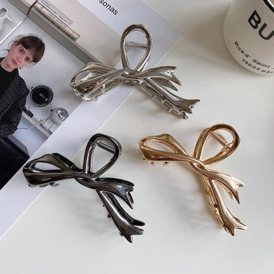 Ribbon bow hairpin for women  new back head clip shark clip high-end silver metal clip hairpin