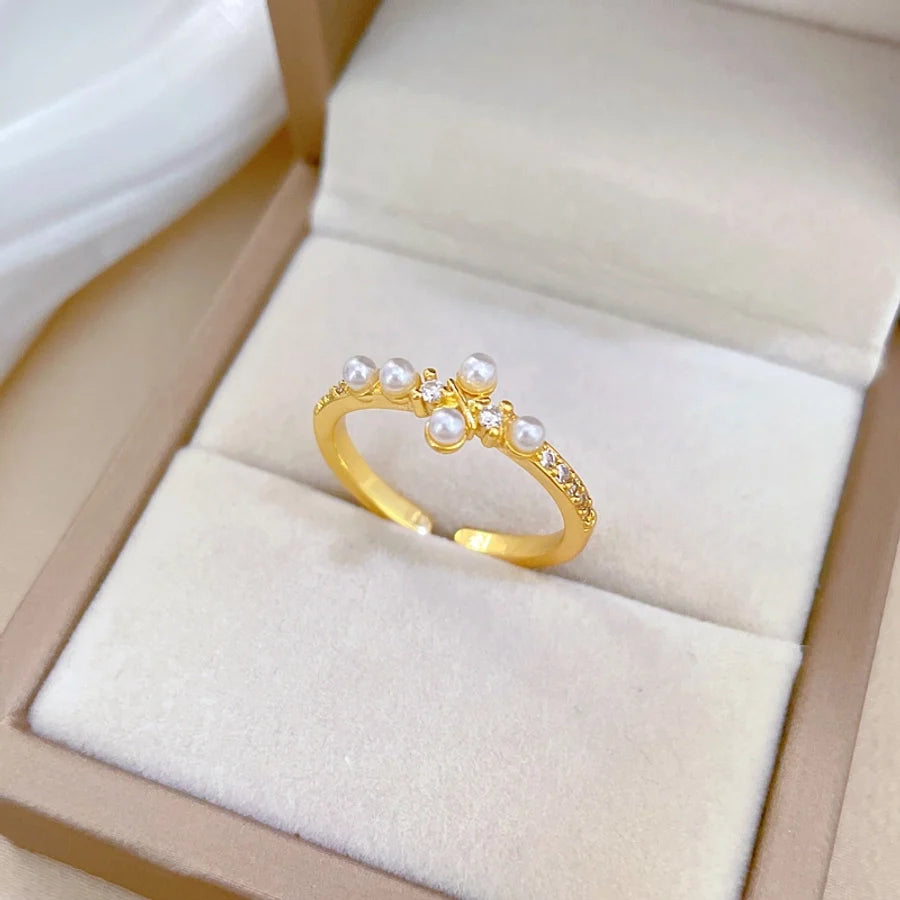 Brass Gold Plated Geometric Artificial Pearls Zircon Brass Rings