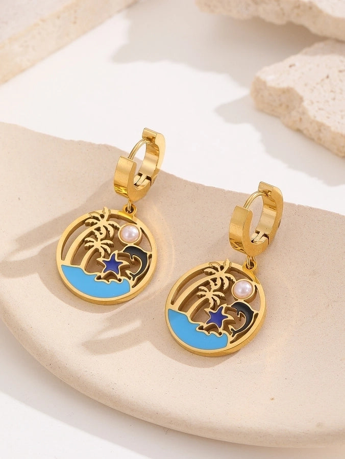 1 Pair Hawaiian IG Style Tree Ocean Painted Hollow Out Inlay Titanium Steel Artificial Pearls Turquoise 18K Gold Plated Drop Earrings