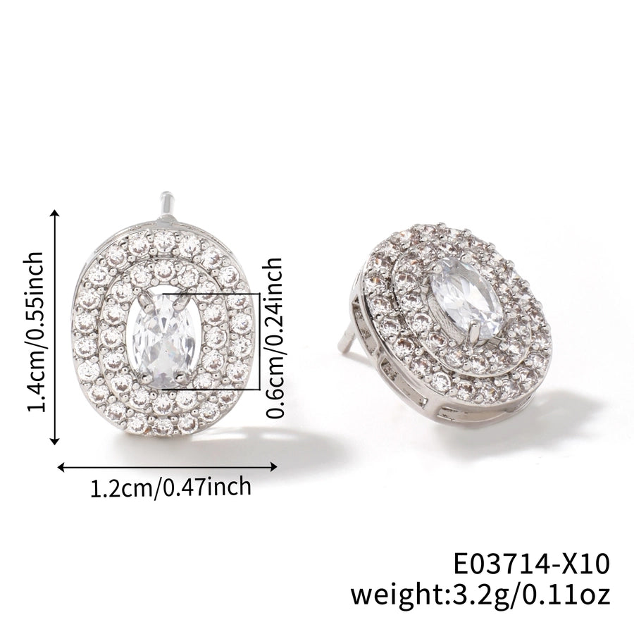 1 Pair Retro Sweet Shiny Oval Inlay Copper Glass Zircon Rhodium Plated Ear Studs