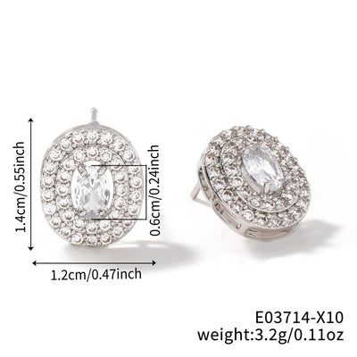 1 Pair Retro Sweet Shiny Oval Inlay Copper Glass Zircon Rhodium Plated Ear Studs