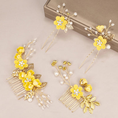 Women's IG Style Sweet Flower Cloth Metal Handmade Pearl Inlay Rhinestones Insert comb