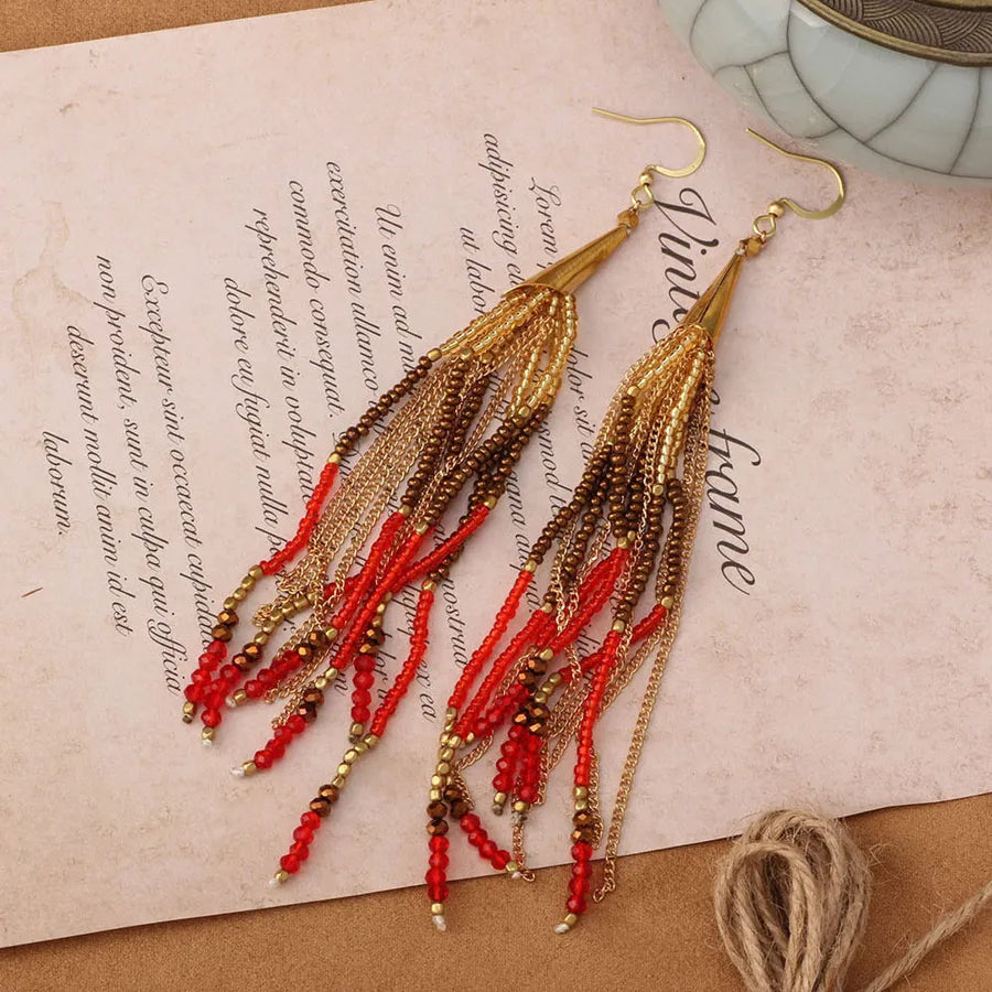 bohemian sector synthetic gemstones shell copper tassel mesh women's ear hook