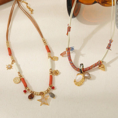 Casual Cute Commute Irregular natural stone Leather rope Copper Beaded Chain Woven Chain Necklace In Bulk