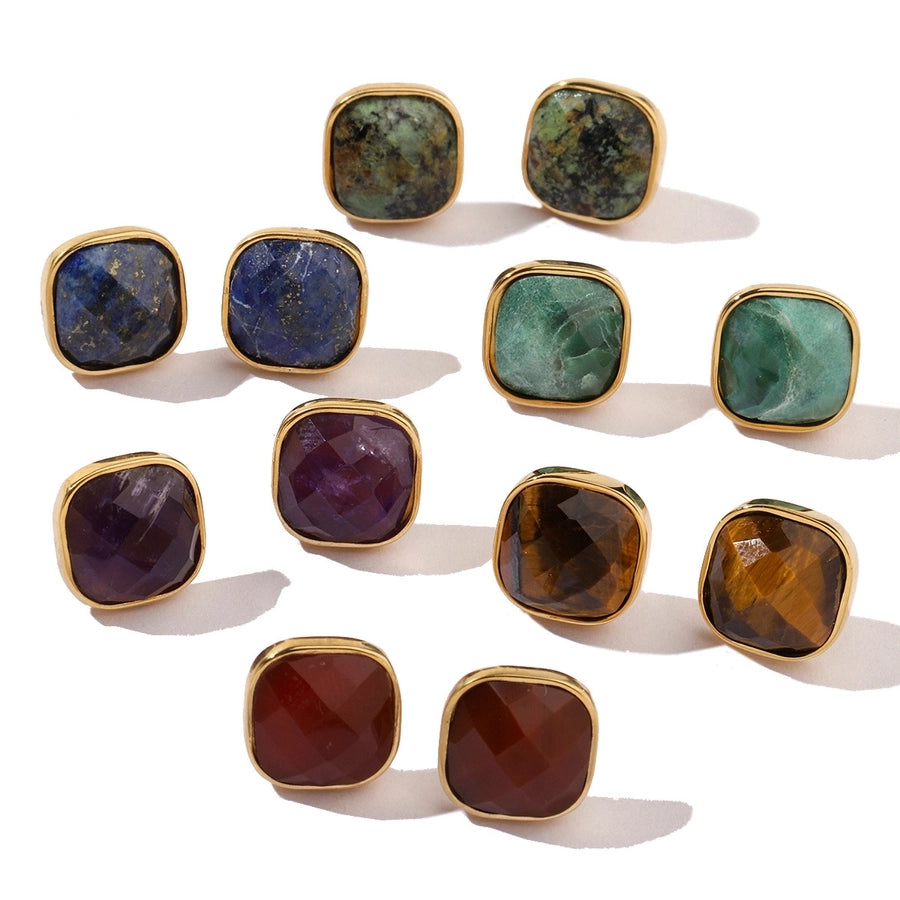 One Pack and Two Pairs Retro French Style Geometric Plating Titanium Steel Natural Stone 14K Gold Plated Ear Studs